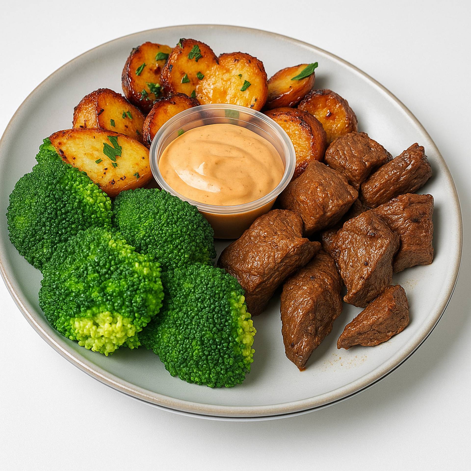 Garlic Steak Bites with Roast Potatoes, Broccoli & Peppercorn Sauce