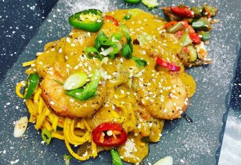 Salt and Chili King Prawn Noodles with Diced Signature Curry Sauce