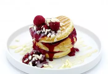 White Chocolate and Raspberry Protein Pancake Stack