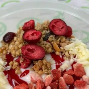 Granola Pot with Protein Yoghurt, Raspberry and White Chocolate
