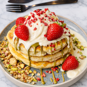 Pistachio, White Chocolate & Strawberry Protein Pancakes