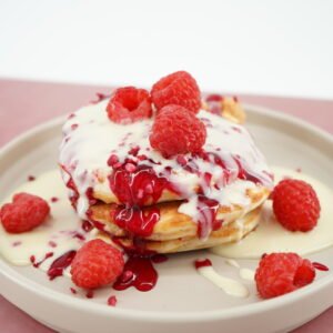 White Chocolate and Raspberry Protein Pancake Stack