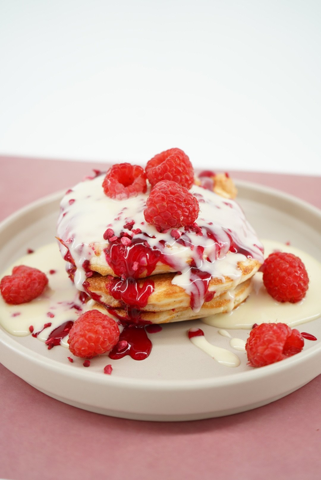 White Chocolate and Raspberry Protein Pancake Stack