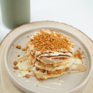 Biscoff and White Chocolate Protein Pancake Stack