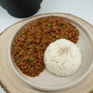 Angus Beef Keema with basmati rice and garden peas