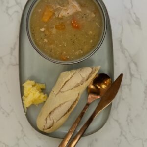 High protein chicken breast Scotch broth with carrots and barley